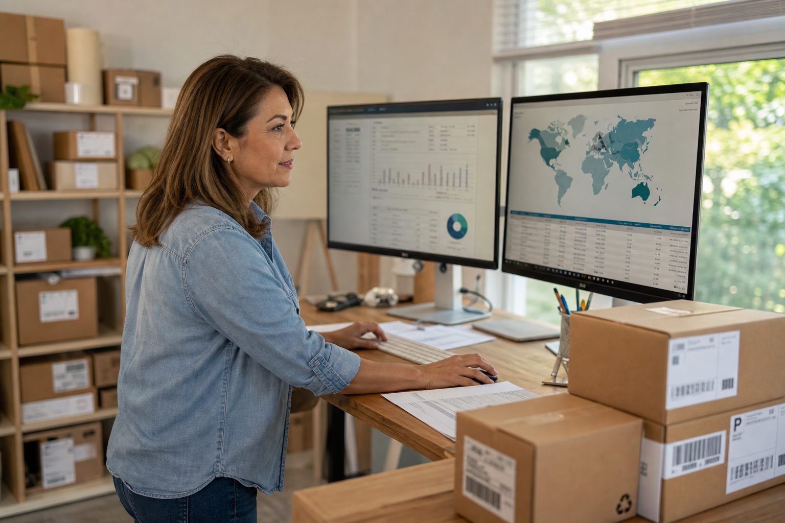 Entrepreneur managing international orders and cross-border supplier payments