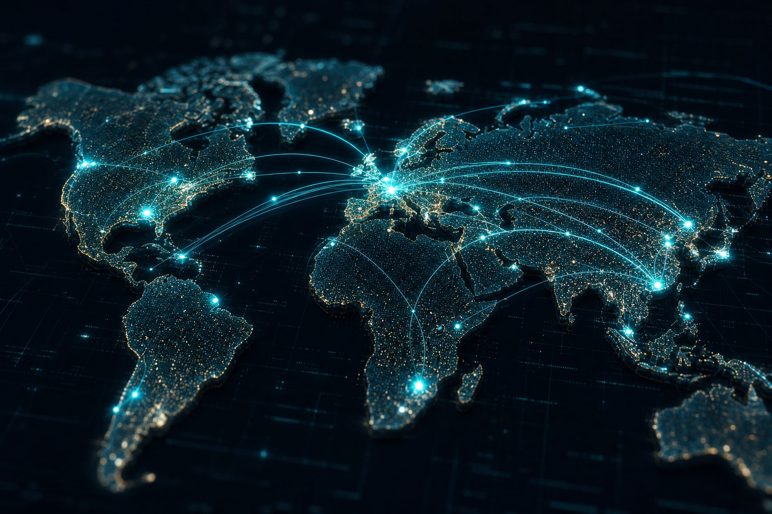 Digital visualization of global payment corridors connecting Europe, the UK, North America and Asia