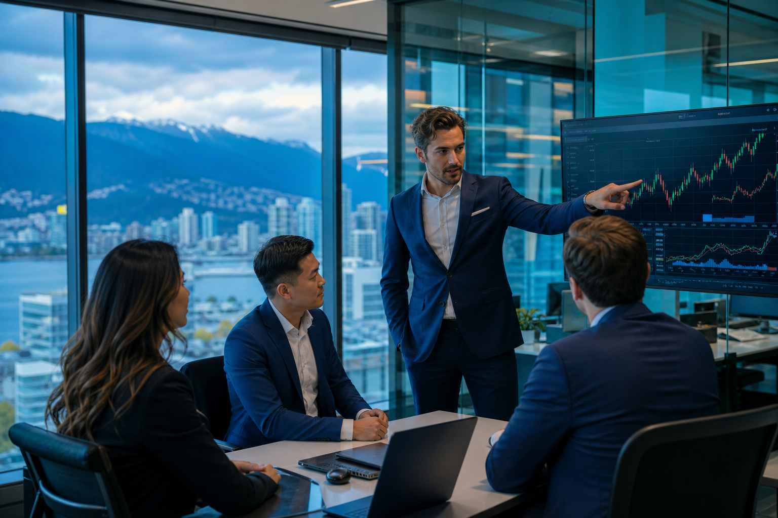 FluxRemit leadership team reviewing international payment strategy in a modern Vancouver office